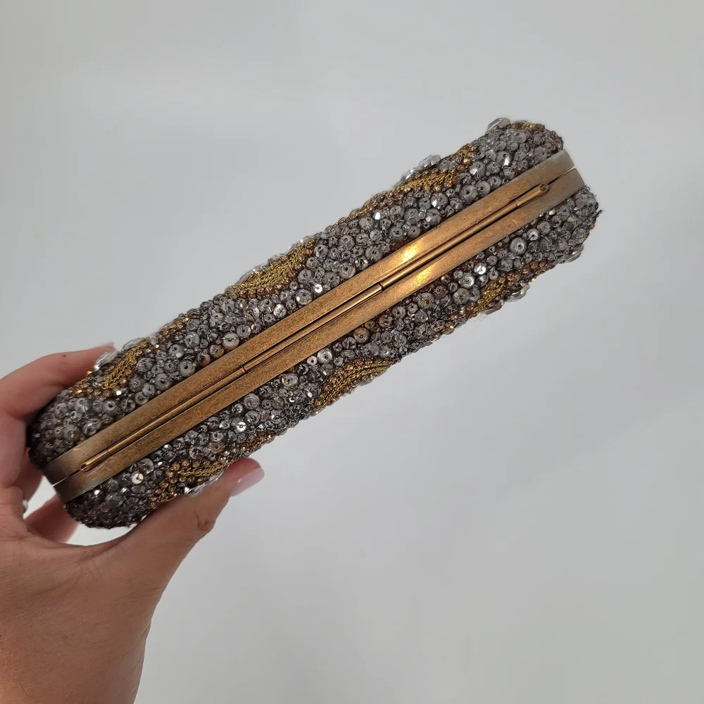 Marchesa Crystal Embellished Gold Evening Clutch with Strap and Dustbag